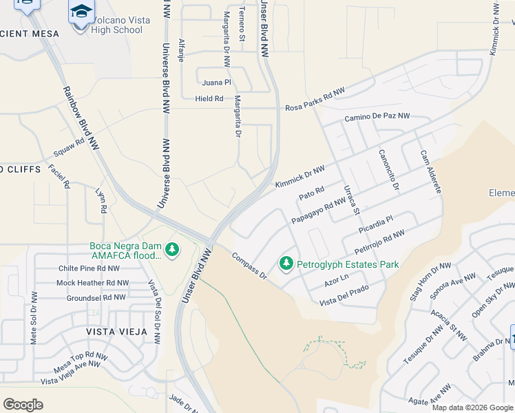map of restaurants, bars, coffee shops, grocery stores, and more near 6616 Kimmick Drive Northwest in Albuquerque