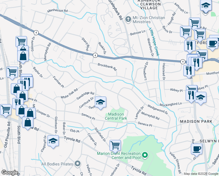 map of restaurants, bars, coffee shops, grocery stores, and more near 5345 Murrayhill Road in Charlotte