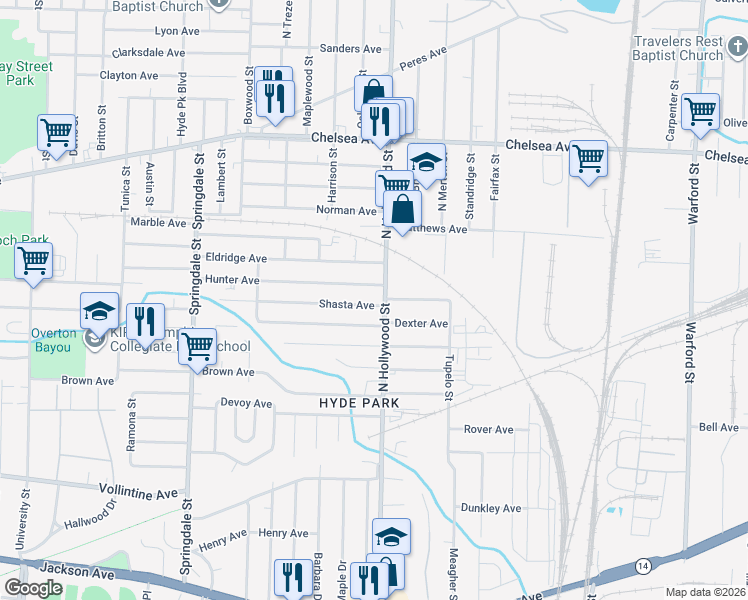 map of restaurants, bars, coffee shops, grocery stores, and more near 2438 Shasta Avenue in Memphis