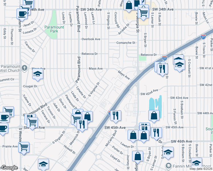 map of restaurants, bars, coffee shops, grocery stores, and more near 3910 Lewis Drive in Amarillo