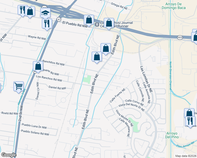 map of restaurants, bars, coffee shops, grocery stores, and more near 203 Garcia Road Northeast in Albuquerque