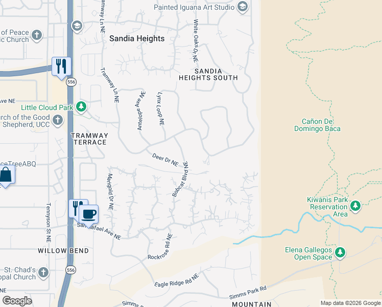 map of restaurants, bars, coffee shops, grocery stores, and more near 940 Bobcat Boulevard Northeast in Albuquerque
