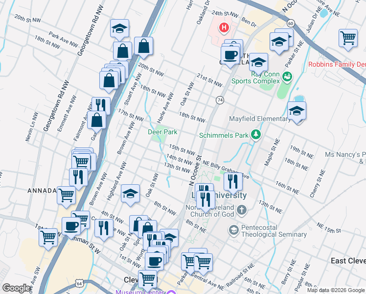 map of restaurants, bars, coffee shops, grocery stores, and more near 250 15th Street Northwest in Cleveland