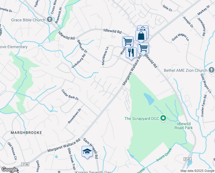 map of restaurants, bars, coffee shops, grocery stores, and more near 3720 Melrose Cottage Drive in Matthews
