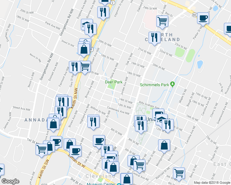 map of restaurants, bars, coffee shops, grocery stores, and more near 373 15th Street Northwest in Cleveland