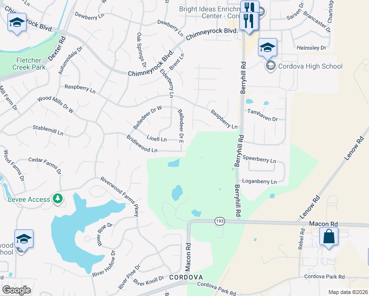 map of restaurants, bars, coffee shops, grocery stores, and more near 1600 Belledeer Drive East in Shelby County