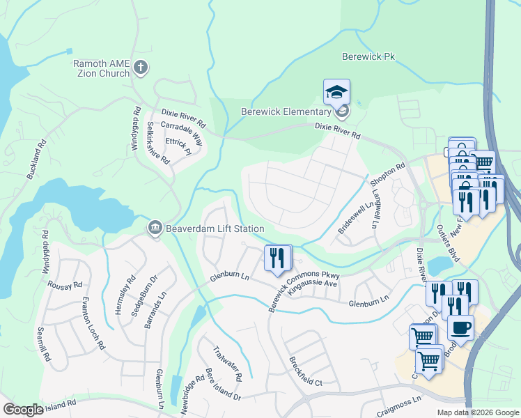map of restaurants, bars, coffee shops, grocery stores, and more near 9330 Inverness Bay Road in Charlotte