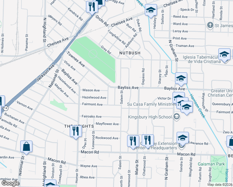 map of restaurants, bars, coffee shops, grocery stores, and more near 1374 Isabelle Street in Memphis