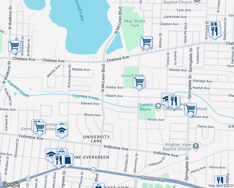 map of restaurants, bars, coffee shops, grocery stores, and more near 1912 Hubert Avenue in Memphis