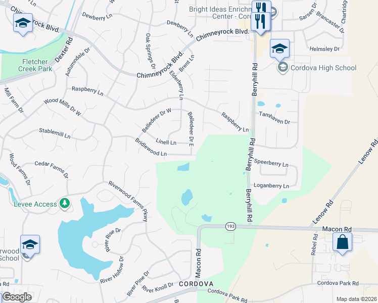 map of restaurants, bars, coffee shops, grocery stores, and more near 1600 Belledeer Drive East in Shelby County