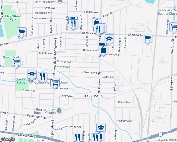 map of restaurants, bars, coffee shops, grocery stores, and more near 2392 Shasta Avenue in Memphis