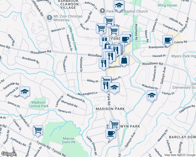 map of restaurants, bars, coffee shops, grocery stores, and more near 1415 Abbey Place in Charlotte