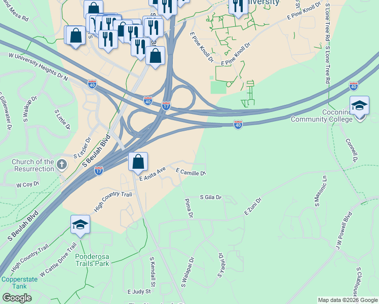 map of restaurants, bars, coffee shops, grocery stores, and more near 3115 Victoria Way in Flagstaff