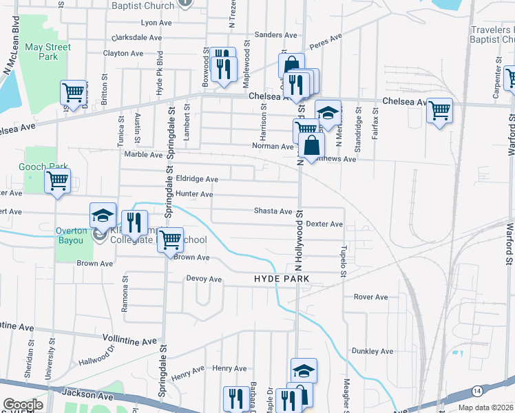 map of restaurants, bars, coffee shops, grocery stores, and more near 2392 Shasta Avenue in Memphis