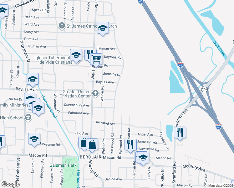map of restaurants, bars, coffee shops, grocery stores, and more near 1378 Russwood Road in Memphis