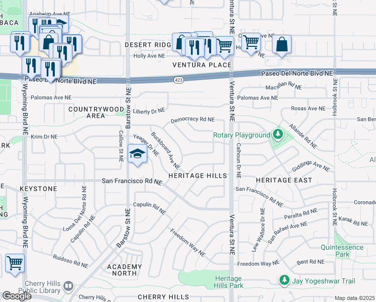 map of restaurants, bars, coffee shops, grocery stores, and more near 7616 Pioneer Trail Northeast in Albuquerque
