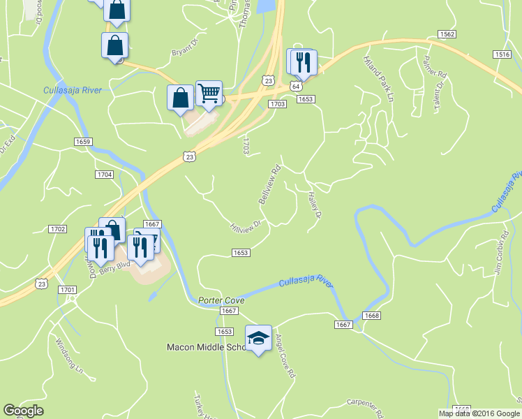 map of restaurants, bars, coffee shops, grocery stores, and more near Belleview Road in Franklin