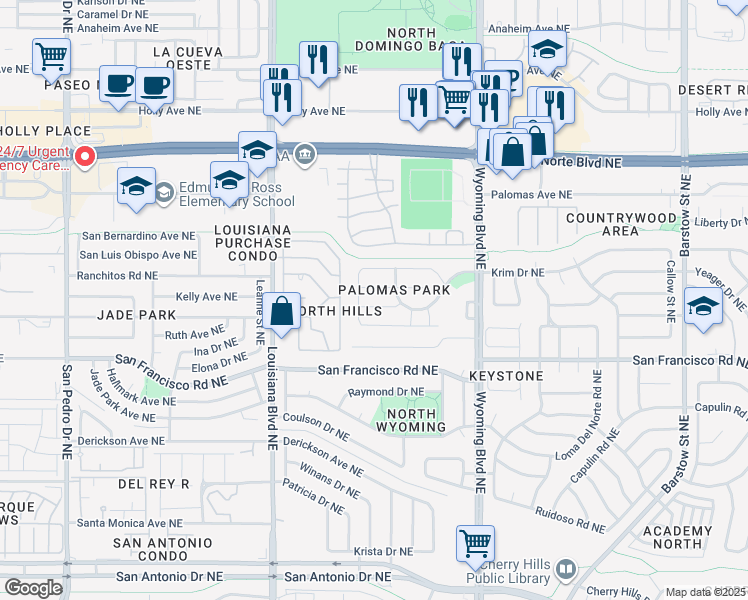 map of restaurants, bars, coffee shops, grocery stores, and more near 7215 Capitan Avenue Northeast in Albuquerque