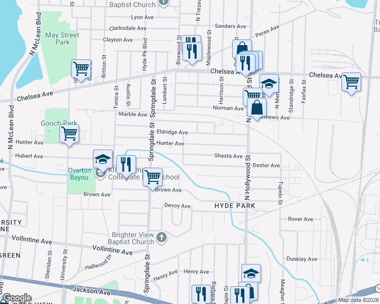 map of restaurants, bars, coffee shops, grocery stores, and more near 2304 Shasta Avenue in Memphis