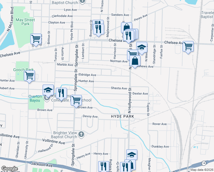 map of restaurants, bars, coffee shops, grocery stores, and more near 2346 Shasta Avenue in Memphis