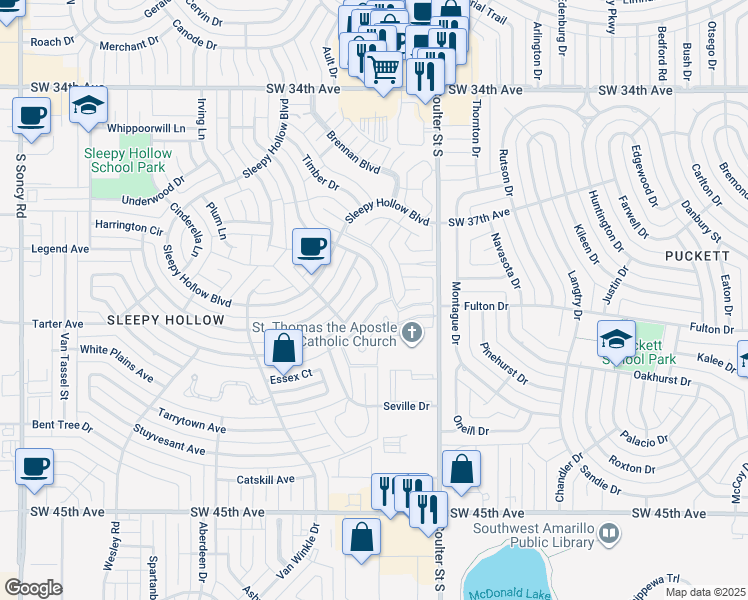 map of restaurants, bars, coffee shops, grocery stores, and more near 3631 Tripp Avenue in Amarillo