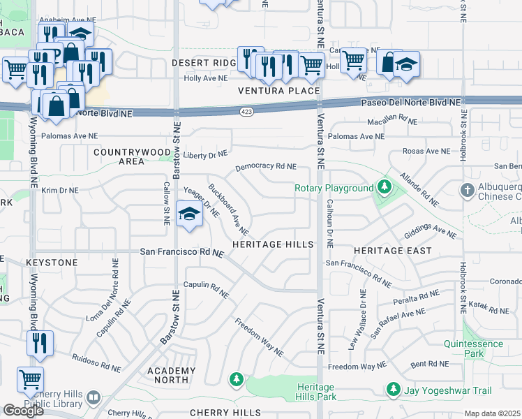 map of restaurants, bars, coffee shops, grocery stores, and more near 7616 Pioneer Trail Northeast in Albuquerque