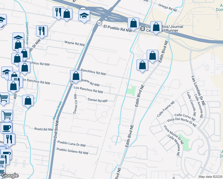 map of restaurants, bars, coffee shops, grocery stores, and more near 94 Rancho Pequenos Way in Albuquerque