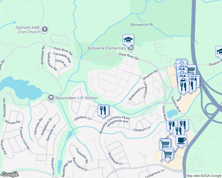 map of restaurants, bars, coffee shops, grocery stores, and more near 7458 Hamilton Bridge Road in Charlotte