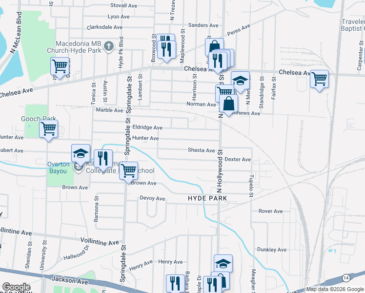 map of restaurants, bars, coffee shops, grocery stores, and more near 2346 Shasta Avenue in Memphis