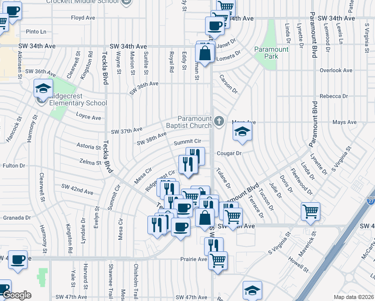 map of restaurants, bars, coffee shops, grocery stores, and more near 4216 Mesa Circle in Amarillo