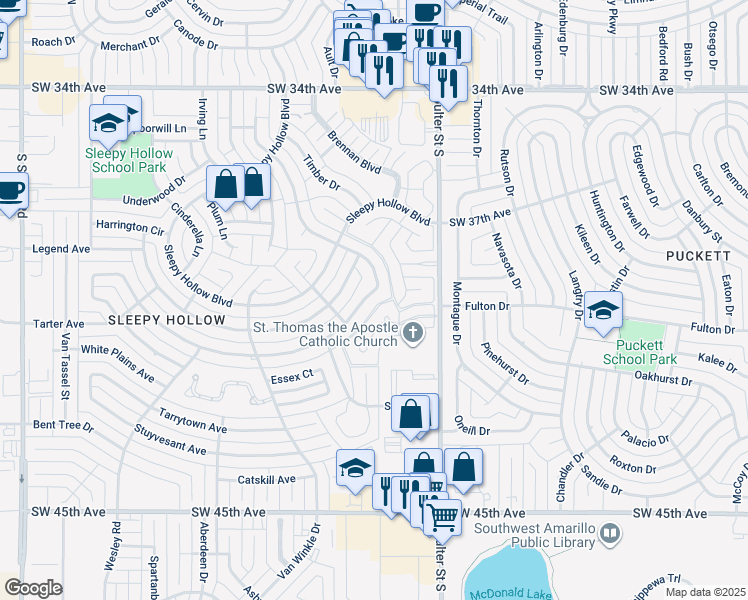 map of restaurants, bars, coffee shops, grocery stores, and more near 3631 Tripp Avenue in Amarillo