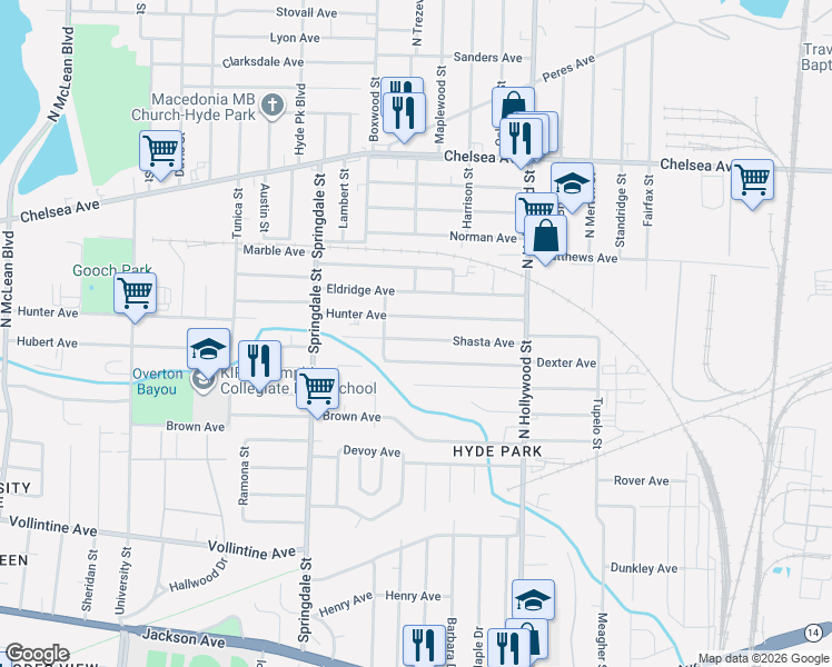 map of restaurants, bars, coffee shops, grocery stores, and more near 2304 Shasta Avenue in Memphis