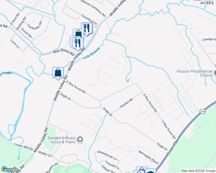 map of restaurants, bars, coffee shops, grocery stores, and more near 6801 Autumn Lake Trail in Chattanooga