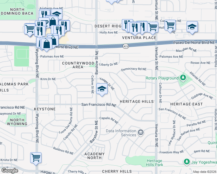 map of restaurants, bars, coffee shops, grocery stores, and more near 8440 Yeager Drive Northeast in Albuquerque