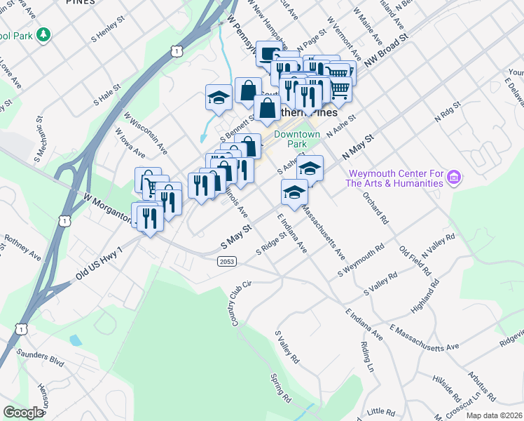 map of restaurants, bars, coffee shops, grocery stores, and more near 480 South May Street in Southern Pines