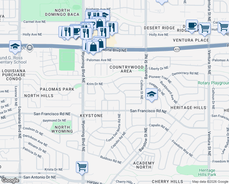 map of restaurants, bars, coffee shops, grocery stores, and more near 8121 Sprenger Drive Northeast in Albuquerque