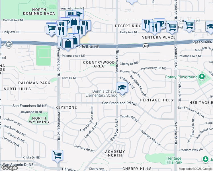 map of restaurants, bars, coffee shops, grocery stores, and more near 8300 Sprenger Drive Northeast in Albuquerque
