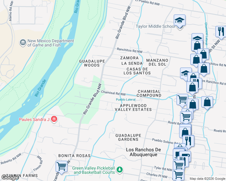 map of restaurants, bars, coffee shops, grocery stores, and more near 917 Chamisal Road Northwest in Los Ranchos de Albuquerque