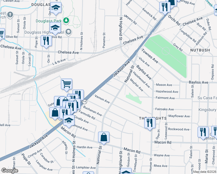 map of restaurants, bars, coffee shops, grocery stores, and more near 3437 Fairoaks Avenue in Memphis