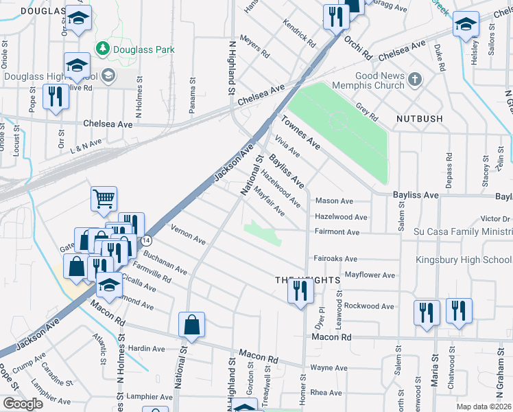 map of restaurants, bars, coffee shops, grocery stores, and more near 3523 Kallaher Avenue in Memphis