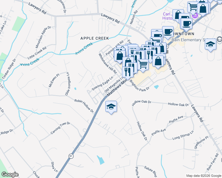 map of restaurants, bars, coffee shops, grocery stores, and more near 6411 Matthews-Mint Hill Road in Mint Hill