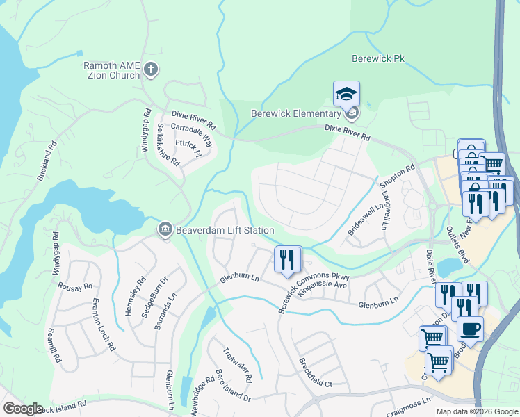 map of restaurants, bars, coffee shops, grocery stores, and more near 9330 Inverness Bay Road in Charlotte