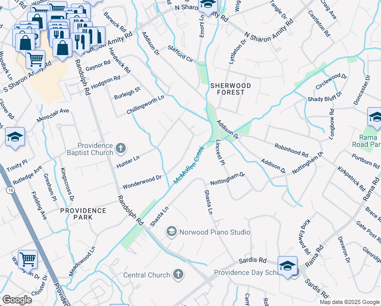 map of restaurants, bars, coffee shops, grocery stores, and more near 416 Wonderwood Drive in Charlotte