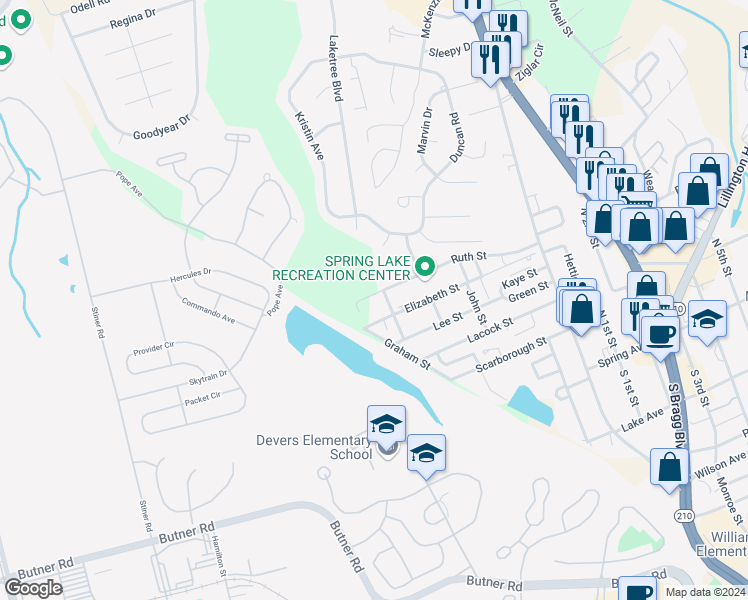 map of restaurants, bars, coffee shops, grocery stores, and more near 407 Ruth Street in Spring Lake