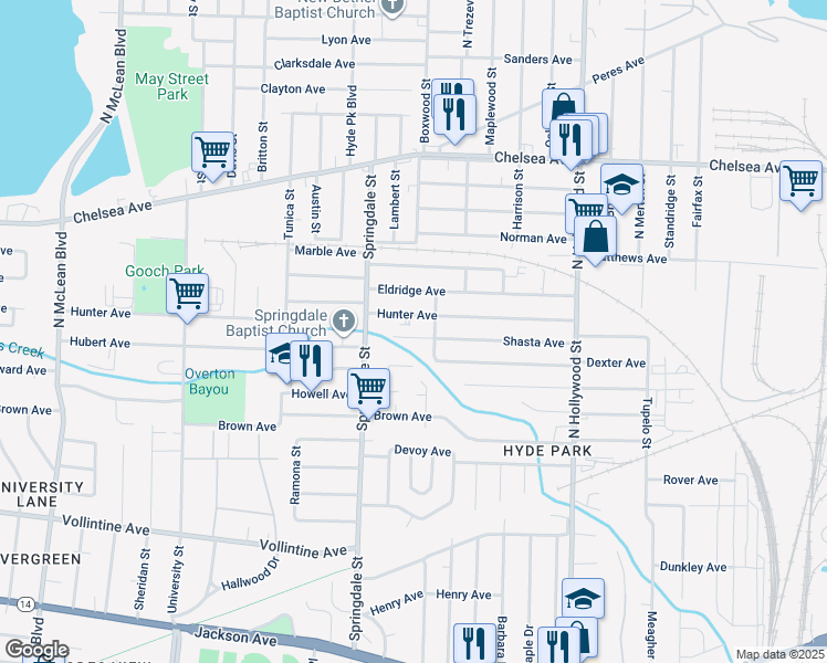 map of restaurants, bars, coffee shops, grocery stores, and more near 2260 Shasta Avenue in Memphis