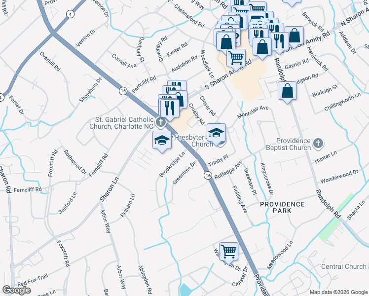 map of restaurants, bars, coffee shops, grocery stores, and more near 2910 Brookridge Lane in Charlotte