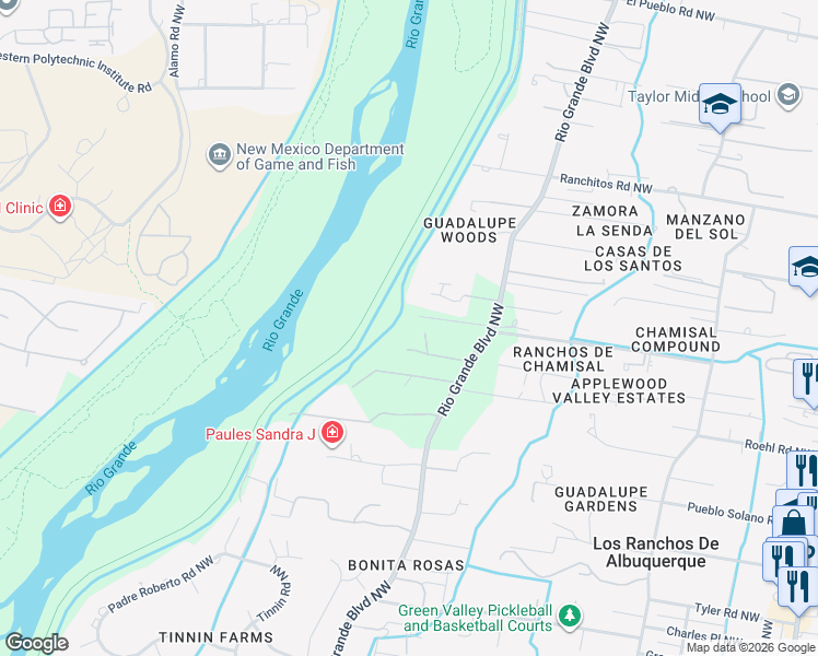 map of restaurants, bars, coffee shops, grocery stores, and more near 7401 Rio Grande Boulevard Northwest in Los Ranchos de Albuquerque