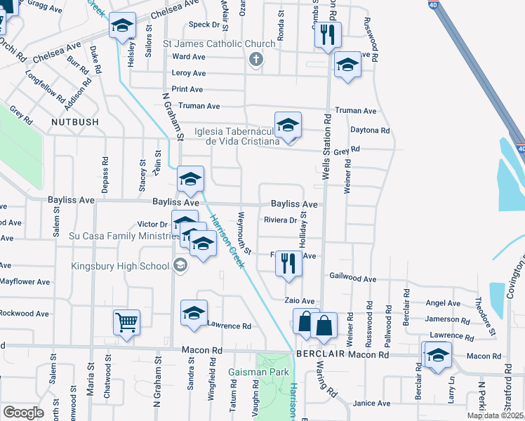map of restaurants, bars, coffee shops, grocery stores, and more near 4195 Bayliss Avenue in Memphis