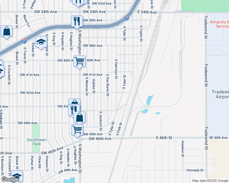 map of restaurants, bars, coffee shops, grocery stores, and more near 4200 South Harrison Street in Amarillo