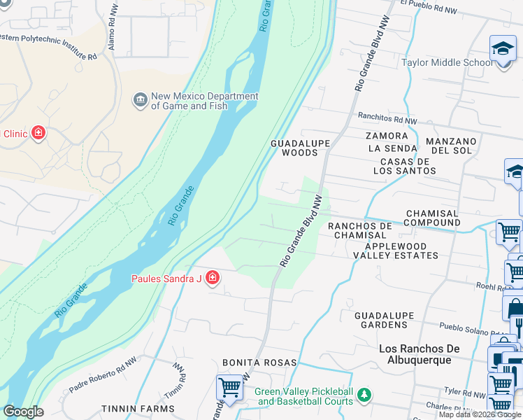 map of restaurants, bars, coffee shops, grocery stores, and more near 7401 Rio Grande Boulevard Northwest in Los Ranchos de Albuquerque